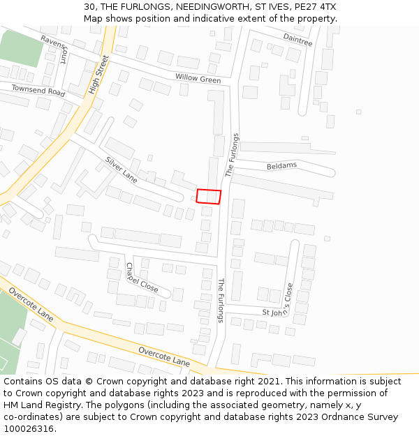 30, THE FURLONGS, NEEDINGWORTH, ST IVES, PE27 4TX: Location map and indicative extent of plot