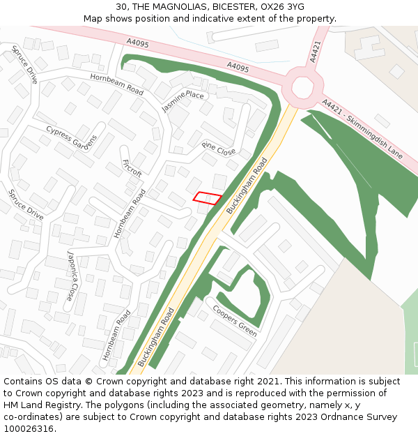 30, THE MAGNOLIAS, BICESTER, OX26 3YG: Location map and indicative extent of plot