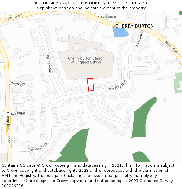 30, THE MEADOWS, CHERRY BURTON, BEVERLEY, HU17 7RL: Location map and indicative extent of plot