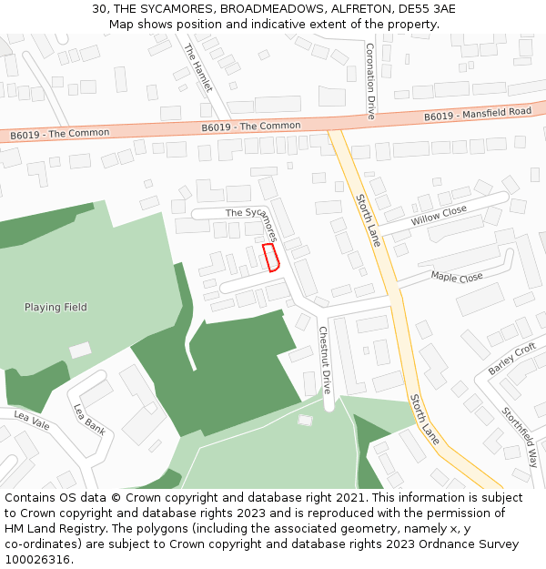 30, THE SYCAMORES, BROADMEADOWS, ALFRETON, DE55 3AE: Location map and indicative extent of plot