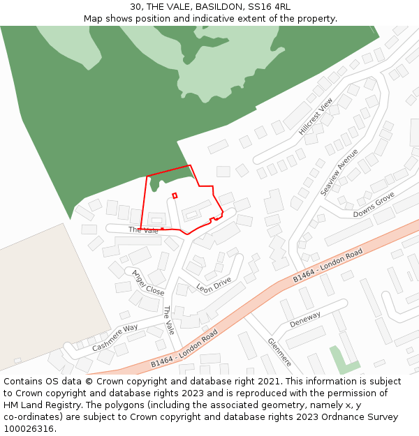 30, THE VALE, BASILDON, SS16 4RL: Location map and indicative extent of plot