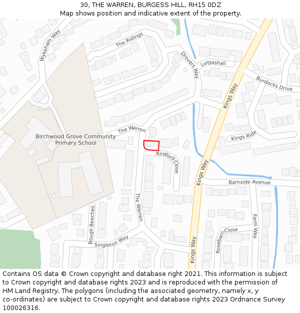 30, THE WARREN, BURGESS HILL, RH15 0DZ: Location map and indicative extent of plot