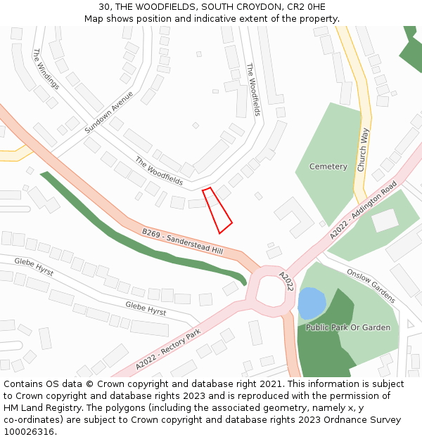 30, THE WOODFIELDS, SOUTH CROYDON, CR2 0HE: Location map and indicative extent of plot