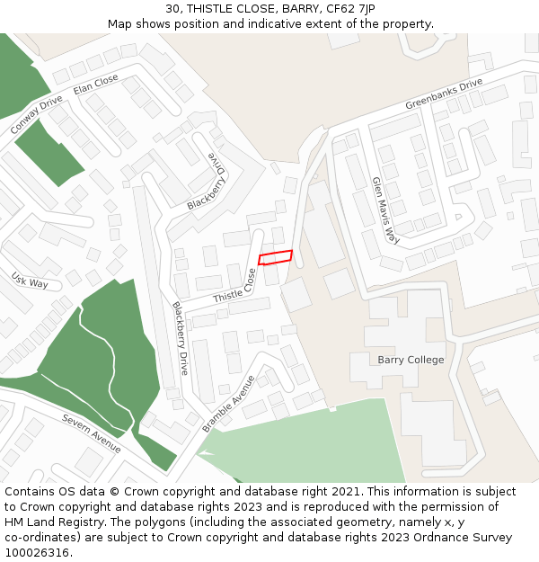 30, THISTLE CLOSE, BARRY, CF62 7JP: Location map and indicative extent of plot