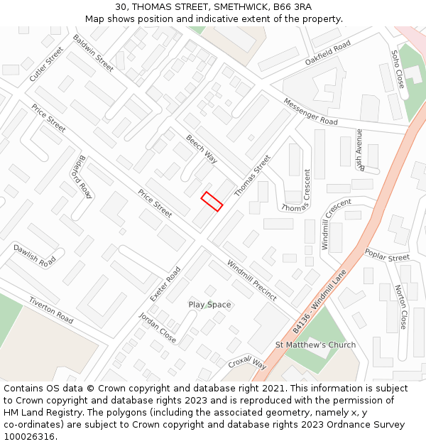 30, THOMAS STREET, SMETHWICK, B66 3RA: Location map and indicative extent of plot