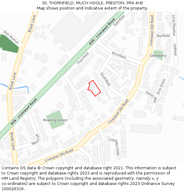 30, THORNFIELD, MUCH HOOLE, PRESTON, PR4 4HE: Location map and indicative extent of plot