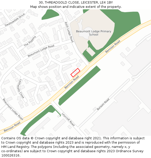 30, THREADGOLD CLOSE, LEICESTER, LE4 1BY: Location map and indicative extent of plot