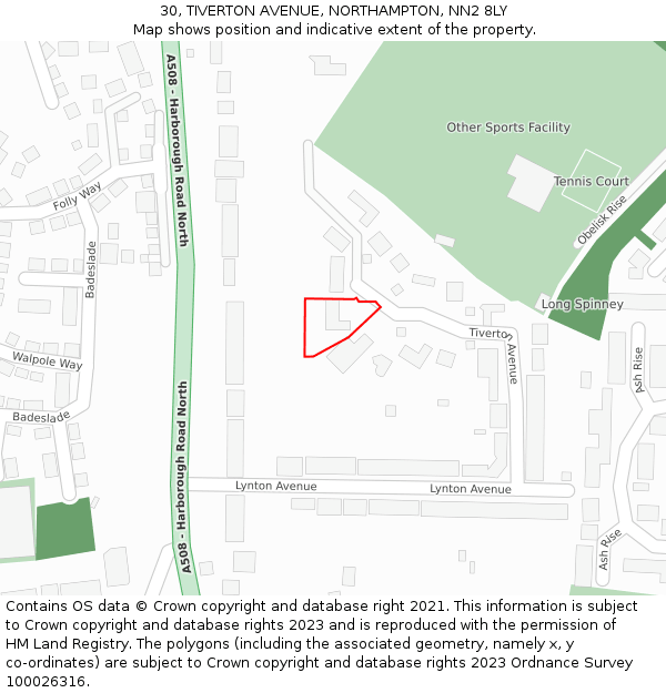 30, TIVERTON AVENUE, NORTHAMPTON, NN2 8LY: Location map and indicative extent of plot