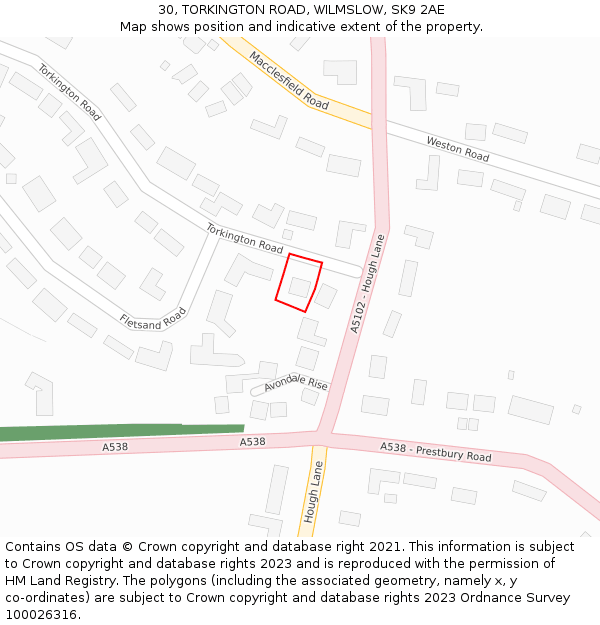 30, TORKINGTON ROAD, WILMSLOW, SK9 2AE: Location map and indicative extent of plot