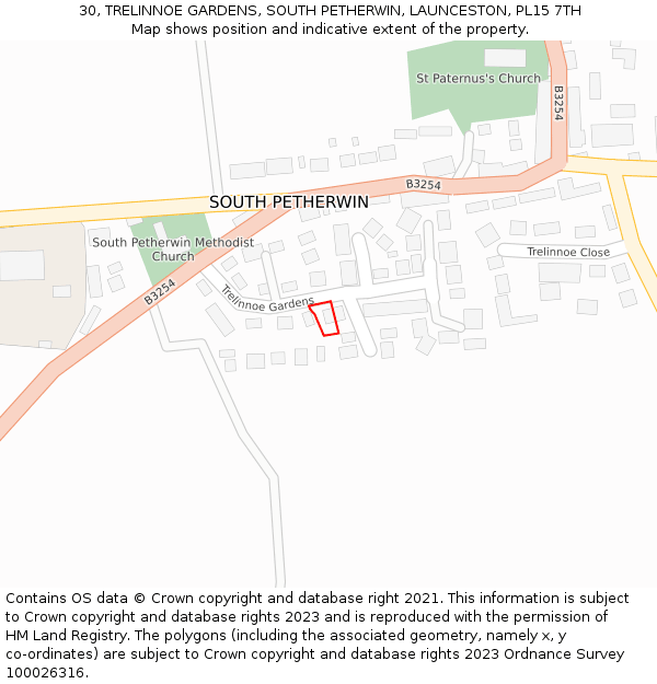 30, TRELINNOE GARDENS, SOUTH PETHERWIN, LAUNCESTON, PL15 7TH: Location map and indicative extent of plot