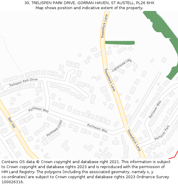 30, TRELISPEN PARK DRIVE, GORRAN HAVEN, ST AUSTELL, PL26 6HX: Location map and indicative extent of plot