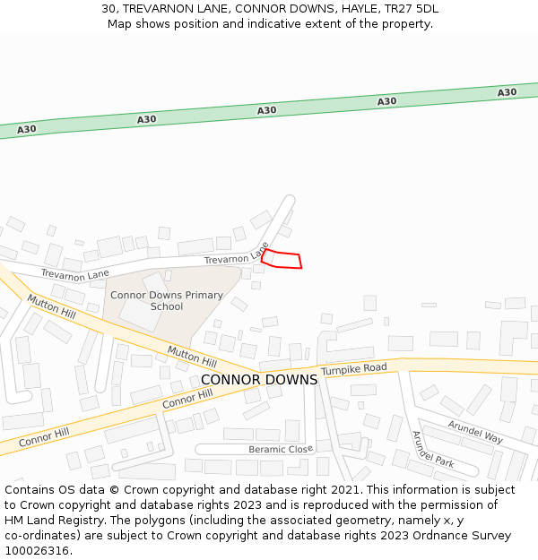 30, TREVARNON LANE, CONNOR DOWNS, HAYLE, TR27 5DL: Location map and indicative extent of plot