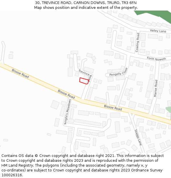 30, TREVINCE ROAD, CARNON DOWNS, TRURO, TR3 6FN: Location map and indicative extent of plot