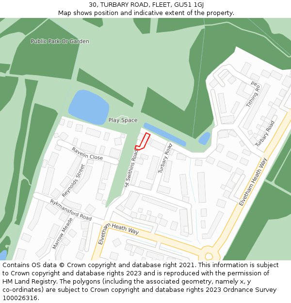 30, TURBARY ROAD, FLEET, GU51 1GJ: Location map and indicative extent of plot