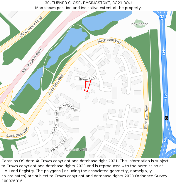 30, TURNER CLOSE, BASINGSTOKE, RG21 3QU: Location map and indicative extent of plot