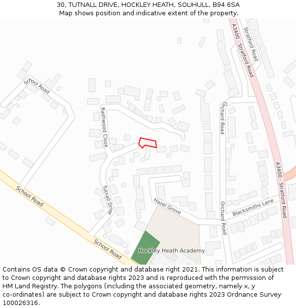 30, TUTNALL DRIVE, HOCKLEY HEATH, SOLIHULL, B94 6SA: Location map and indicative extent of plot