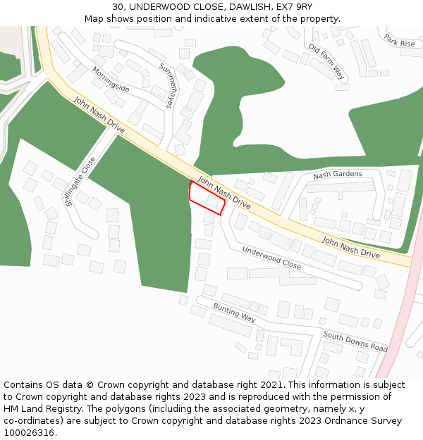 30, UNDERWOOD CLOSE, DAWLISH, EX7 9RY: Location map and indicative extent of plot