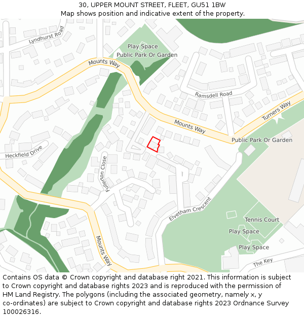 30, UPPER MOUNT STREET, FLEET, GU51 1BW: Location map and indicative extent of plot