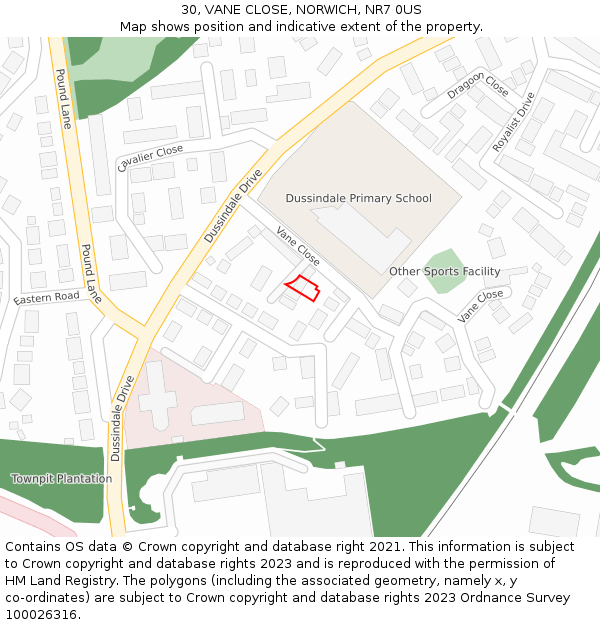 30, VANE CLOSE, NORWICH, NR7 0US: Location map and indicative extent of plot