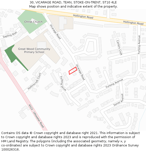 30, VICARAGE ROAD, TEAN, STOKE-ON-TRENT, ST10 4LE: Location map and indicative extent of plot