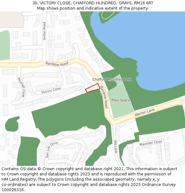 30, VICTORY CLOSE, CHAFFORD HUNDRED, GRAYS, RM16 6RT: Location map and indicative extent of plot