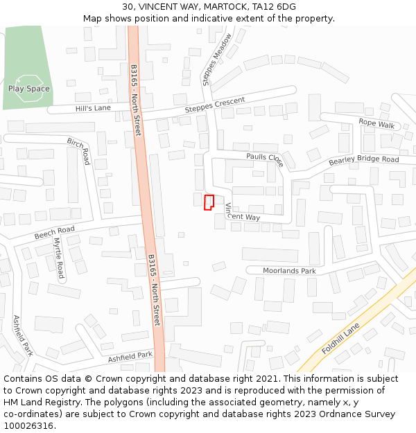 30, VINCENT WAY, MARTOCK, TA12 6DG: Location map and indicative extent of plot