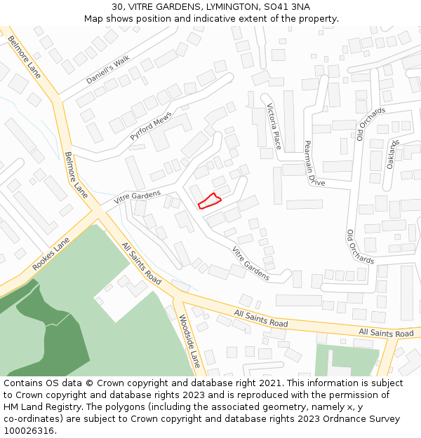 30, VITRE GARDENS, LYMINGTON, SO41 3NA: Location map and indicative extent of plot