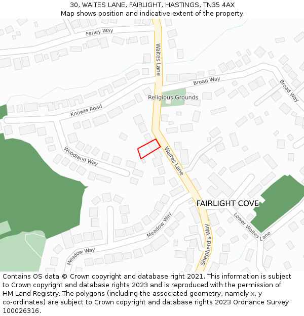 30, WAITES LANE, FAIRLIGHT, HASTINGS, TN35 4AX: Location map and indicative extent of plot