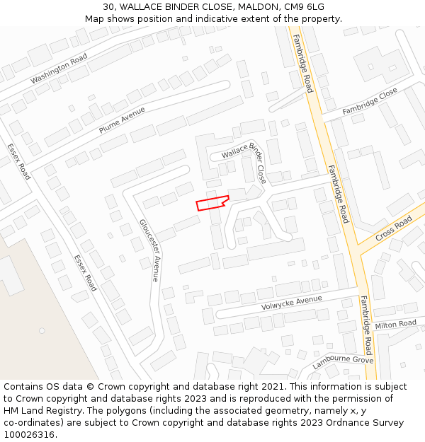 30, WALLACE BINDER CLOSE, MALDON, CM9 6LG: Location map and indicative extent of plot