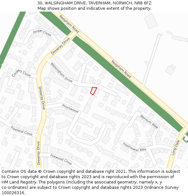 30, WALSINGHAM DRIVE, TAVERHAM, NORWICH, NR8 6FZ: Location map and indicative extent of plot