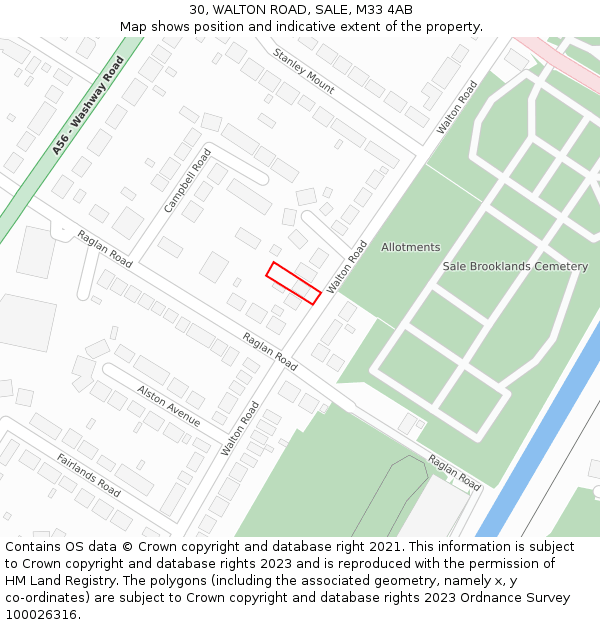 30, WALTON ROAD, SALE, M33 4AB: Location map and indicative extent of plot