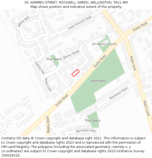 30, WARREN STREET, ROCKWELL GREEN, WELLINGTON, TA21 9RY: Location map and indicative extent of plot