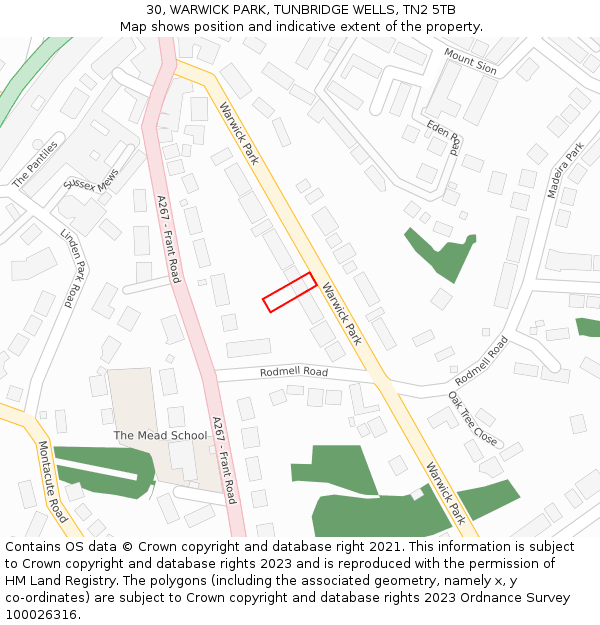 30, WARWICK PARK, TUNBRIDGE WELLS, TN2 5TB: Location map and indicative extent of plot