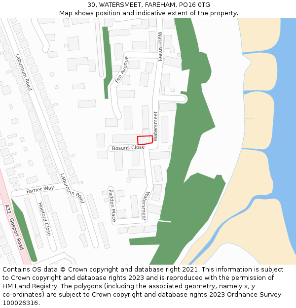 30, WATERSMEET, FAREHAM, PO16 0TG: Location map and indicative extent of plot