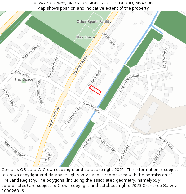 30, WATSON WAY, MARSTON MORETAINE, BEDFORD, MK43 0RG: Location map and indicative extent of plot