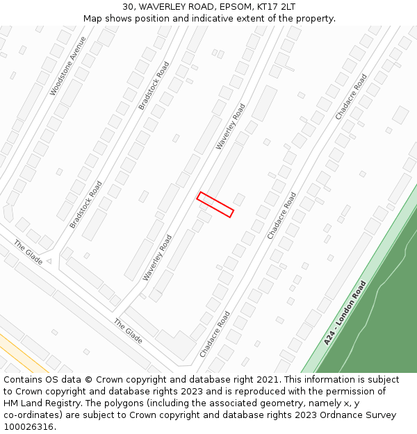 30, WAVERLEY ROAD, EPSOM, KT17 2LT: Location map and indicative extent of plot