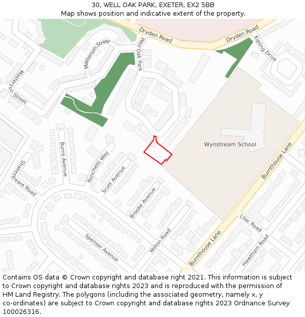 30, WELL OAK PARK, EXETER, EX2 5BB: Location map and indicative extent of plot