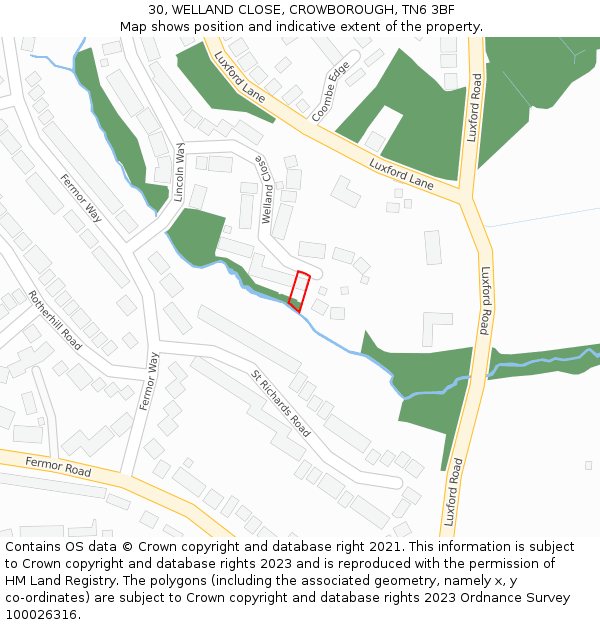 30, WELLAND CLOSE, CROWBOROUGH, TN6 3BF: Location map and indicative extent of plot