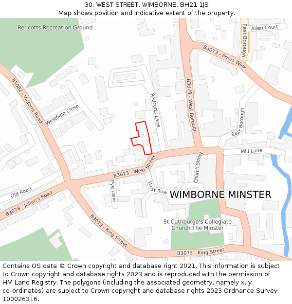 30, WEST STREET, WIMBORNE, BH21 1JS: Location map and indicative extent of plot