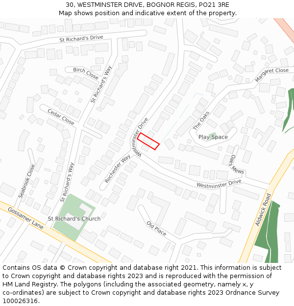 30, WESTMINSTER DRIVE, BOGNOR REGIS, PO21 3RE: Location map and indicative extent of plot