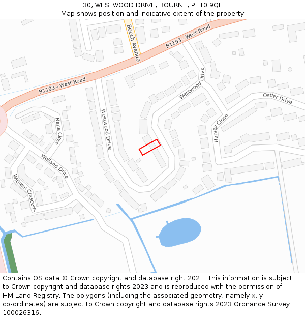 30, WESTWOOD DRIVE, BOURNE, PE10 9QH: Location map and indicative extent of plot