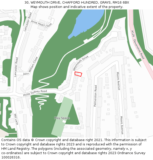 30, WEYMOUTH DRIVE, CHAFFORD HUNDRED, GRAYS, RM16 6BX: Location map and indicative extent of plot