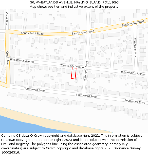 30, WHEATLANDS AVENUE, HAYLING ISLAND, PO11 9SG: Location map and indicative extent of plot