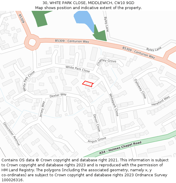 30, WHITE PARK CLOSE, MIDDLEWICH, CW10 9GD: Location map and indicative extent of plot