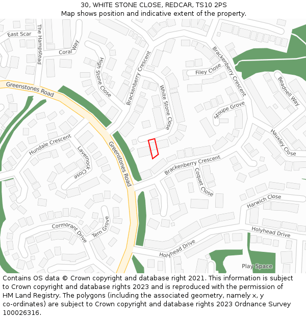 30, WHITE STONE CLOSE, REDCAR, TS10 2PS: Location map and indicative extent of plot