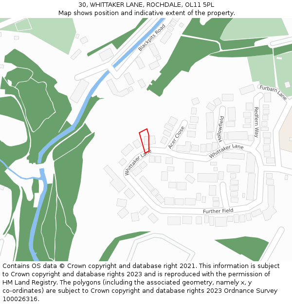 30, WHITTAKER LANE, ROCHDALE, OL11 5PL: Location map and indicative extent of plot