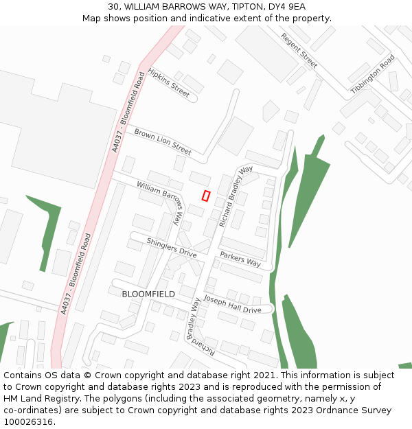 30, WILLIAM BARROWS WAY, TIPTON, DY4 9EA: Location map and indicative extent of plot