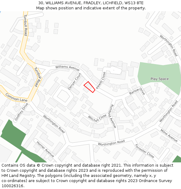 30, WILLIAMS AVENUE, FRADLEY, LICHFIELD, WS13 8TE: Location map and indicative extent of plot