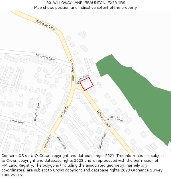 30, WILLOWAY LANE, BRAUNTON, EX33 1BS: Location map and indicative extent of plot