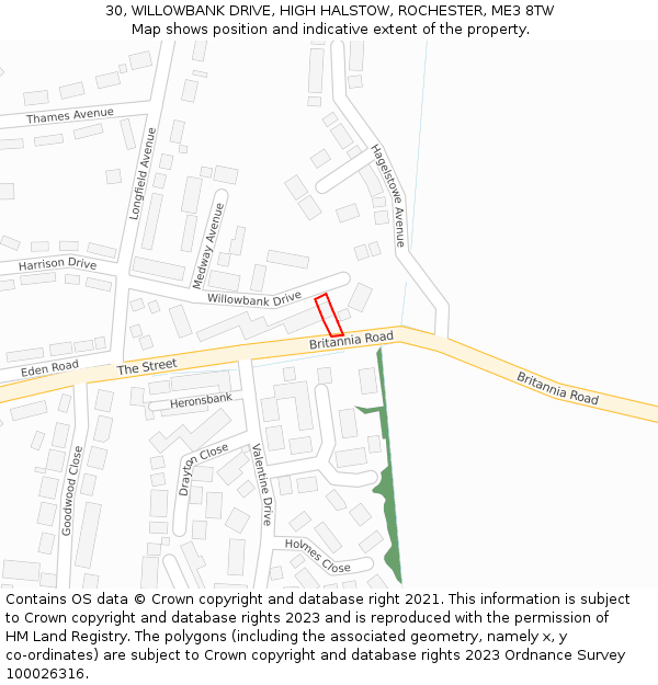 30, WILLOWBANK DRIVE, HIGH HALSTOW, ROCHESTER, ME3 8TW: Location map and indicative extent of plot